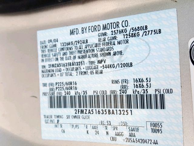 2FMZA51635BA13251 - 2005 FORD FREESTAR S GRAY photo 10