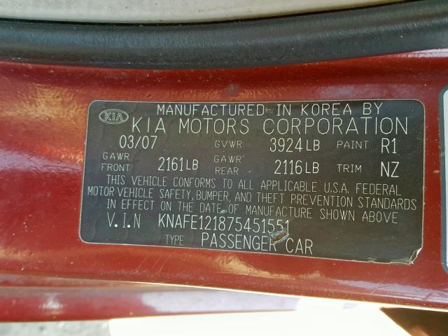 KNAFE121875451551 - 2007 KIA SPECTRA EX BURGUNDY photo 10