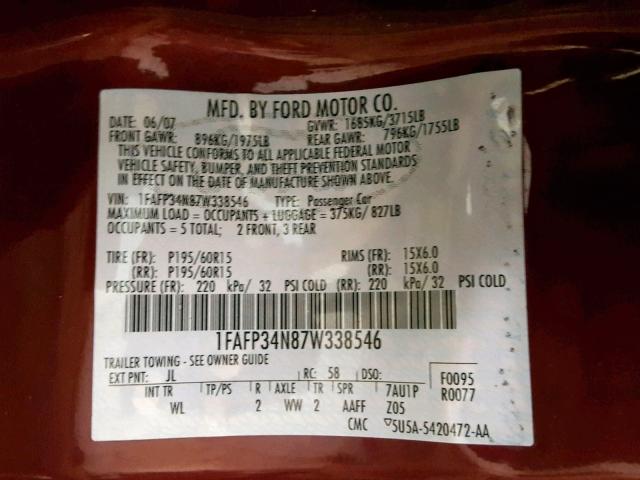 1FAFP34N87W338546 - 2007 FORD FOCUS ZX4 MAROON photo 10