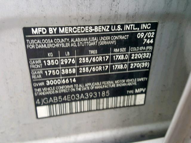 4JGAB54E03A393185 - 2003 MERCEDES-BENZ ML 320 SILVER photo 10