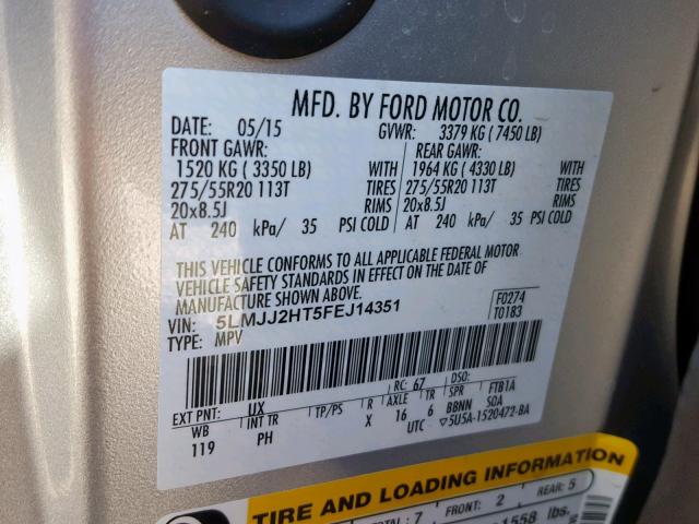 5LMJJ2HT5FEJ14351 - 2015 LINCOLN NAVIGATOR 银色 照片 10