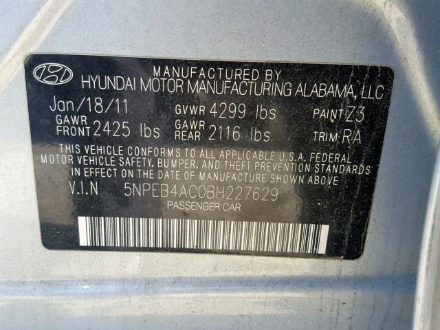 5NPEB4AC0BH227629 - 2011 HYUNDAI SONATA GLS SILVER photo 10