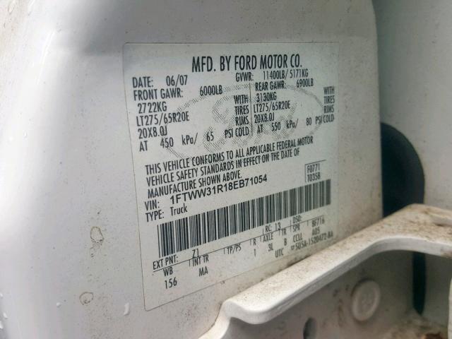 1FTWW31R18EB71054 - 2008 FORD F350 SRW S WHITE photo 10