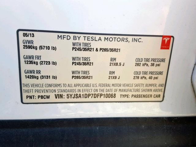 5YJSA1DP7DFP10068 - 2013 TESLA MODEL S WHITE photo 10