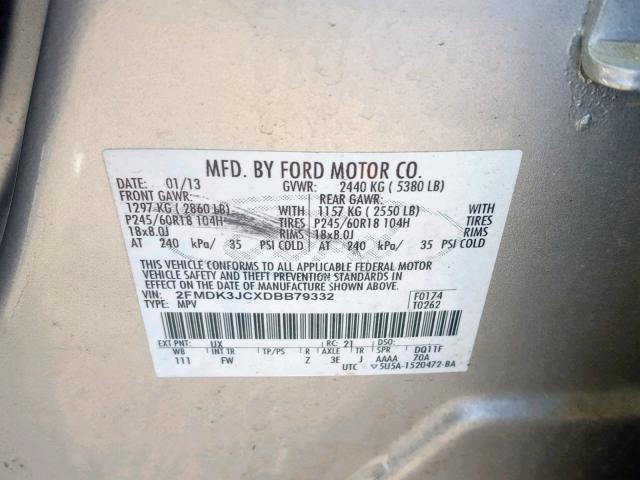 2FMDK3JCXDBB79332 - 2013 FORD EDGE SEL SILVER photo 10