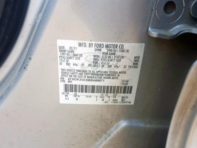 2FMDK3GC6BBA88871 - 2011 FORD EDGE SE SILVER photo 10