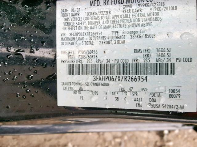 3FAHP06ZX7R266954 - 2007 FORD FUSION S BLACK photo 10