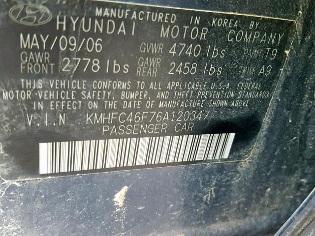 KMHFC46F76A120347 - 2006 HYUNDAI AZERA SE BLUE photo 10