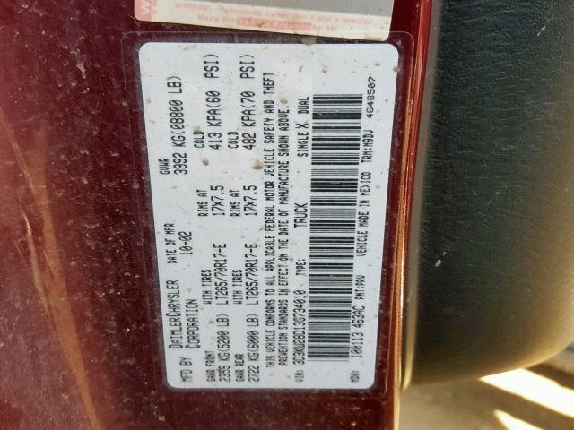 3D3KU28D13G734010 - 2003 DODGE RAM 2500 S MAROON photo 10