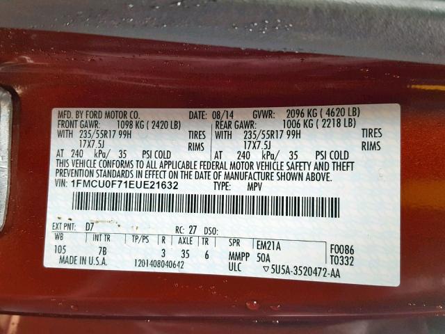 1FMCU0F71EUE21632 - 2014 FORD ESCAPE S RED photo 10