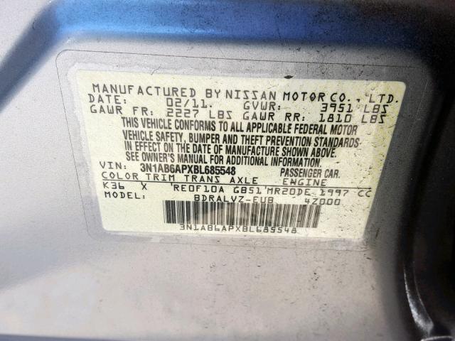 3N1AB6APXBL685548 - 2011 NISSAN SENTRA 2.0 GRAY photo 10