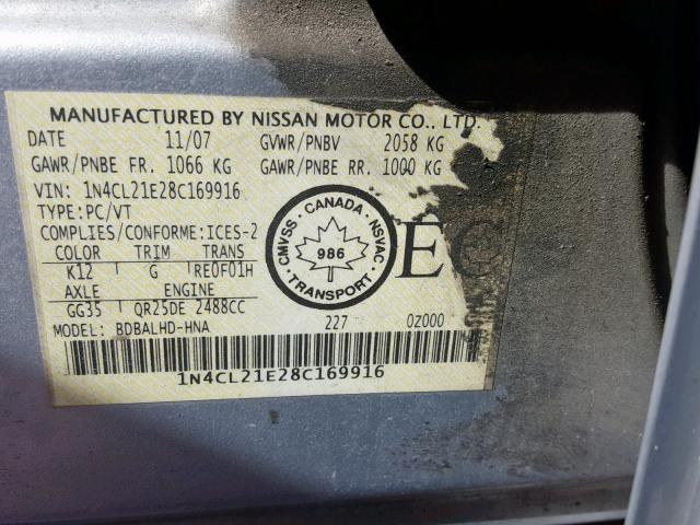 1N4CL21E28C169916 - 2008 NISSAN ALTIMA HYB SILVER photo 10