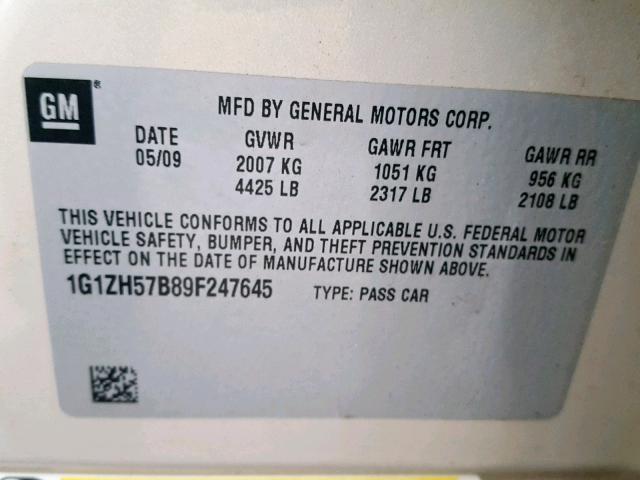 1G1ZH57B89F247645 - 2009 CHEVROLET MALIBU 1LT 米色 照片 10