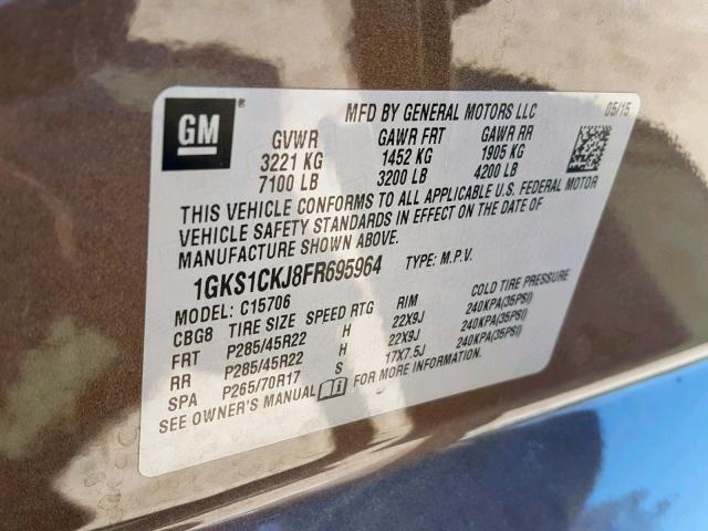 1GKS1CKJ8FR695964 - 2015 GMC YUKON DENA BROWN photo 10