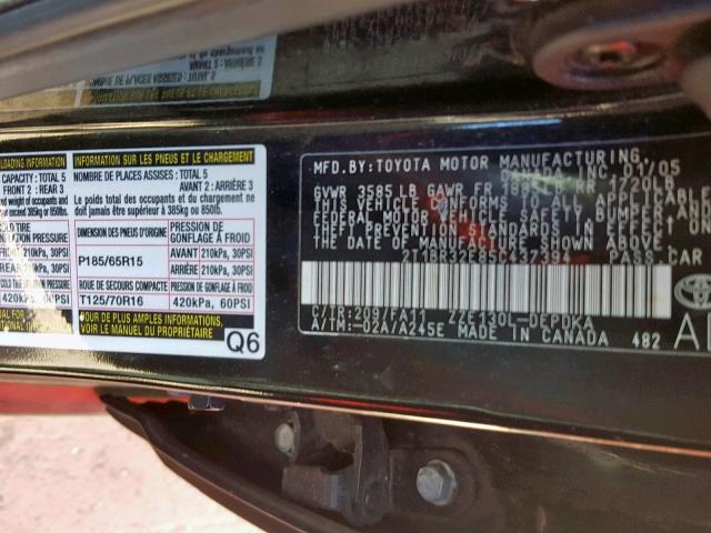 2T1BR32E85C437394 - 2005 TOYOTA COROLLA CE BLACK photo 10