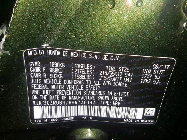 3CZRU6H76HM730143 - 2017 HONDA HR-V EXL GREEN photo 10