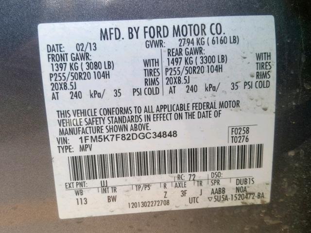 1FM5K7F82DGC34848 - 2013 FORD EXPLORER L CHARCOAL photo 10