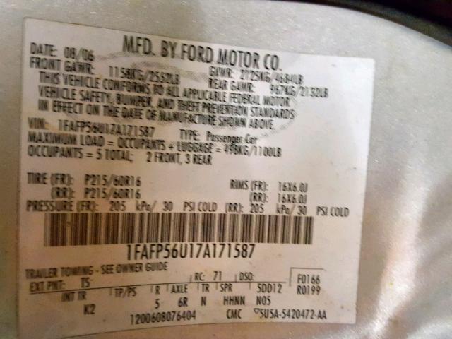 1FAFP56U17A171587 - 2007 FORD TAURUS SEL SILVER photo 10