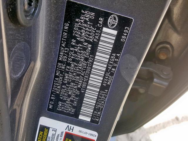 4T1BD1EB7DU017921 - 2013 TOYOTA AVALON HYB GRAY photo 10