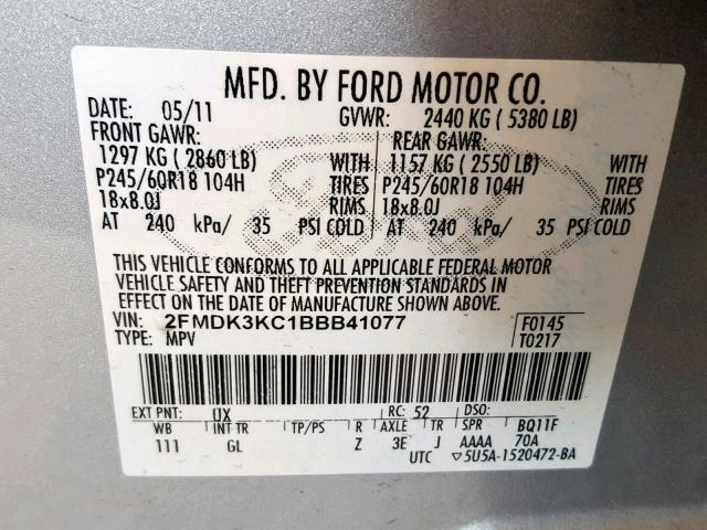 2FMDK3KC1BBB41077 - 2011 FORD EDGE LIMIT SILVER photo 10