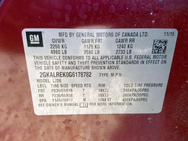 2GKALREK0G6178782 - 2016 GMC TERRAIN DE RED photo 10