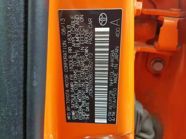 JTDKDTB38D1052112 - 2013 TOYOTA PRIUS C ORANGE photo 10