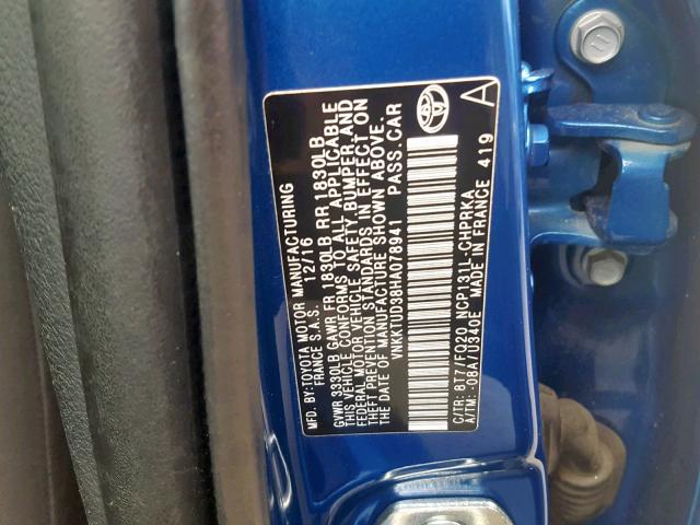 VNKKTUD38HA078941 - 2017 TOYOTA YARIS L BLUE photo 10