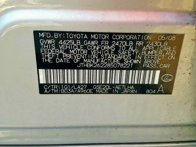 JTHBK262285078221 - 2008 LEXUS IS 250 SILVER photo 10