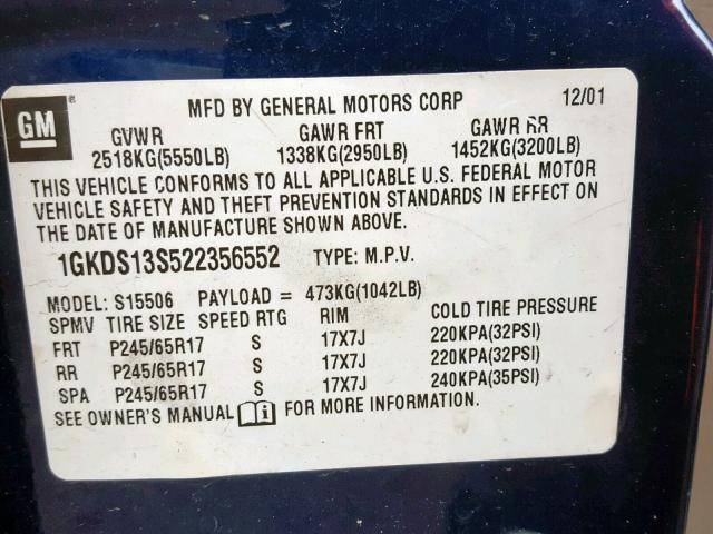 1GKDS13S522356552 - 2002 GMC ENVOY BLUE photo 10