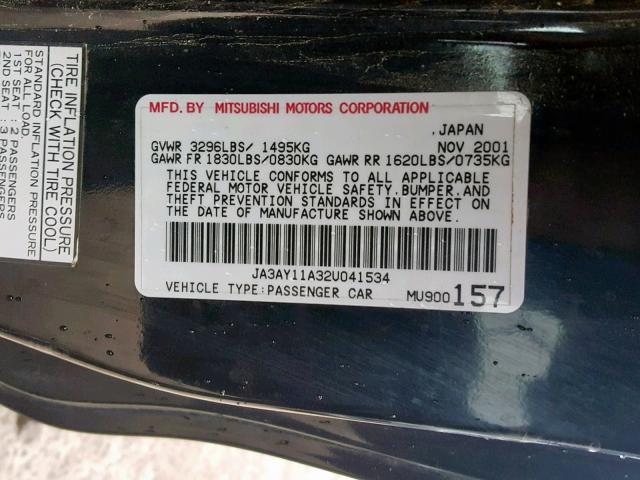 JA3AY11A32U041534 - 2002 MITSUBISHI MIRAGE DE BLACK photo 10