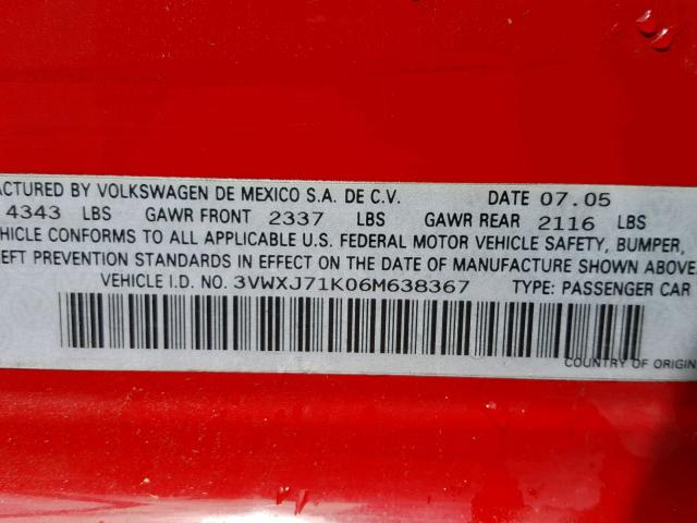 3VWXJ71K06M638367 - 2006 VOLKSWAGEN JETTA GLI RED photo 10