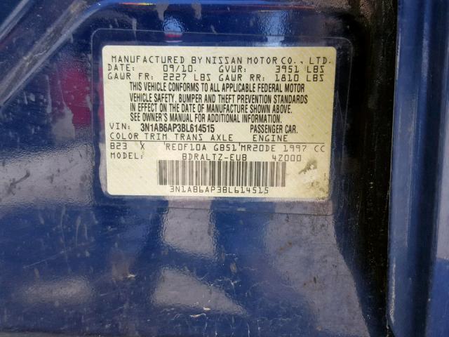 3N1AB6AP3BL614515 - 2011 NISSAN SENTRA 2.0 BLUE photo 10