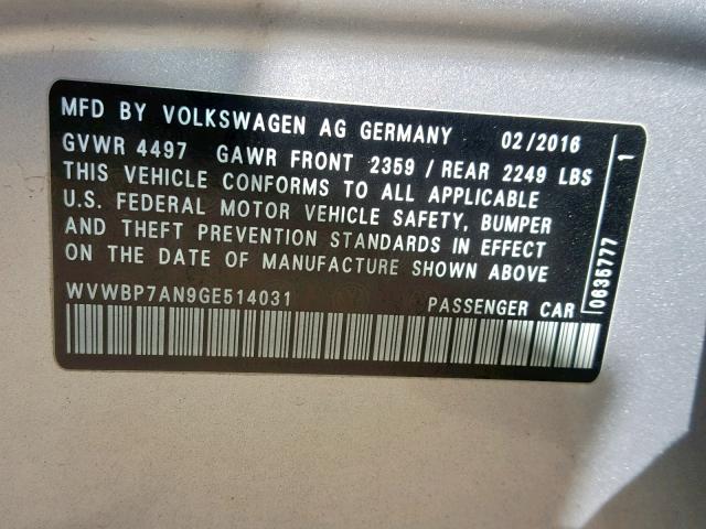 WVWBP7AN9GE514031 - 2016 VOLKSWAGEN CC BASE SILVER photo 10