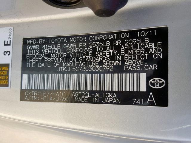 JTKJF5C73C3030792 - 2012 TOYOTA SCION TC SILVER photo 10