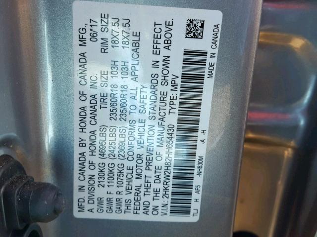 2HKRW2H82HH654430 - 2017 HONDA CR-V EXL SILVER photo 10