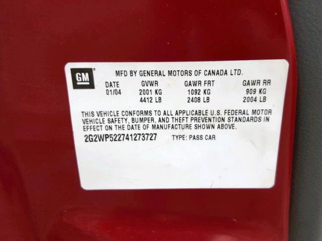 2G2WP522741273727 - 2004 PONTIAC GRAND PRIX BURGUNDY photo 10