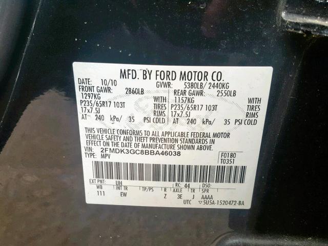 2FMDK3GC8BBA46038 - 2011 FORD EDGE SE BLACK photo 10