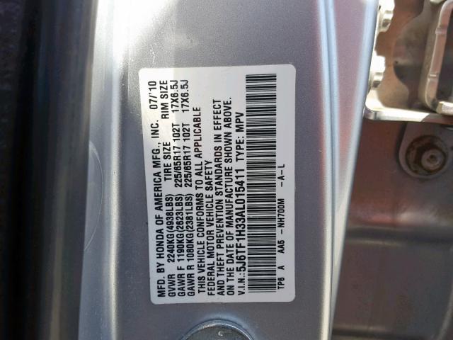 5J6TF1H33AL015411 - 2010 HONDA ACCORD CRO SILVER photo 10