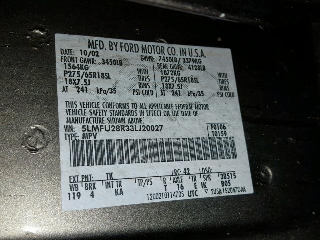 5LMFU28R33LJ20027 - 2003 LINCOLN NAVIGATOR Boz foto 10