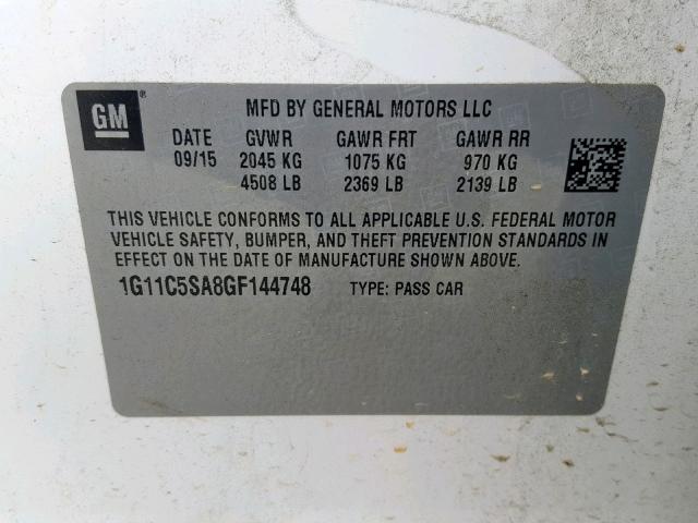 1G11C5SA8GF144748 - 2016 CHEVROLET MALIBU LIM 白色 照片 10