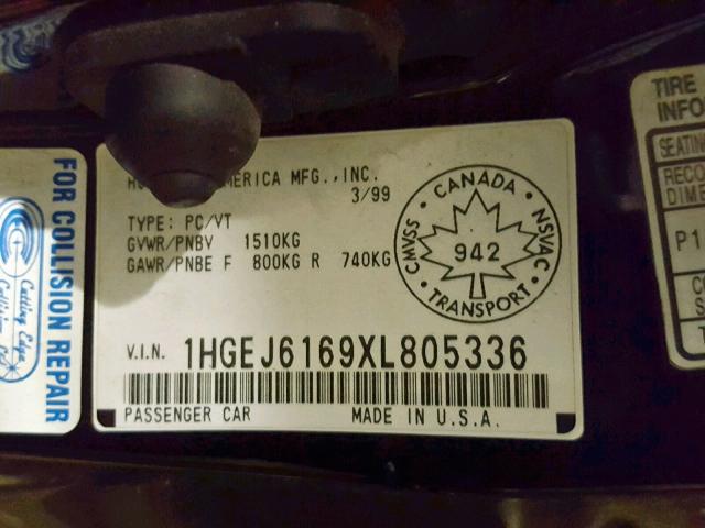 1HGEJ6169XL805336 - 1999 HONDA CIVIC DX BLACK photo 10