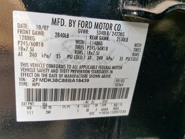 2FMDK38C88BA18439 - 2008 FORD EDGE SEL BLACK photo 10