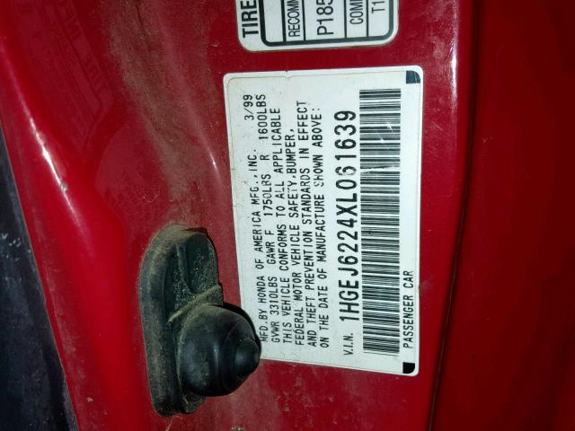 1HGEJ6224XL061639 - 1999 HONDA CIVIC DX RED photo 10