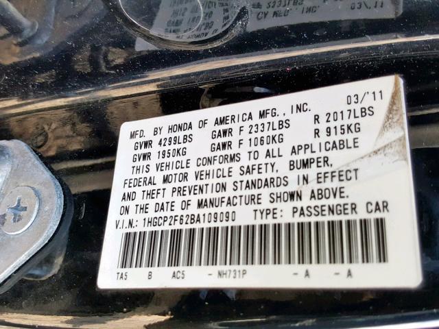 1HGCP2F62BA109090 - 2011 HONDA ACCORD BLACK photo 10