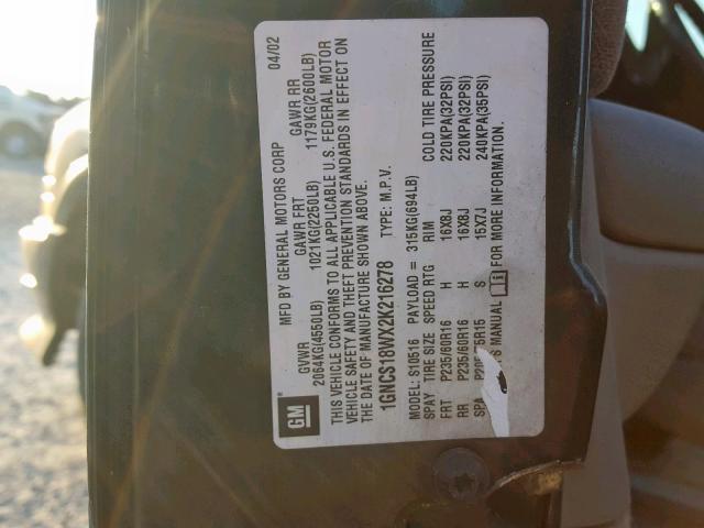 1GNCS18WX2K216278 - 2002 CHEVROLET BLAZER BLACK photo 10