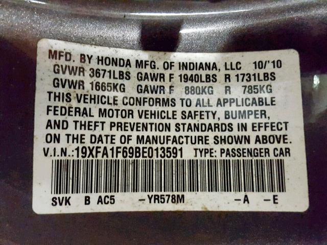 19XFA1F69BE013591 - 2011 HONDA CIVIC LX-S Boz foto 10