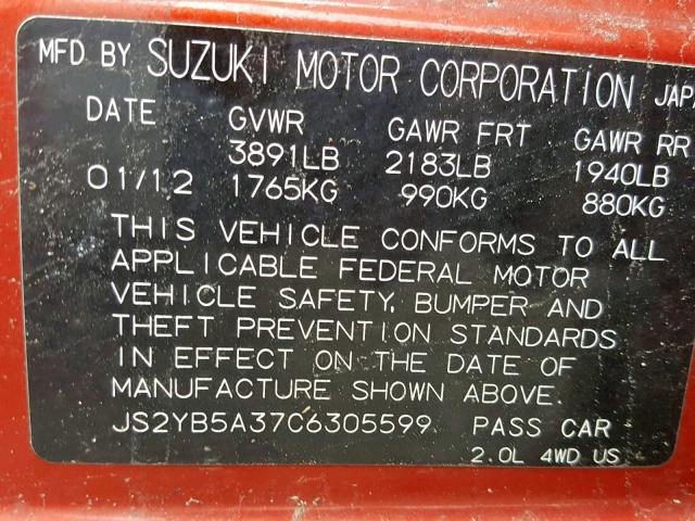 JS2YB5A37C6305599 - 2012 SUZUKI SX4 ORANGE photo 10