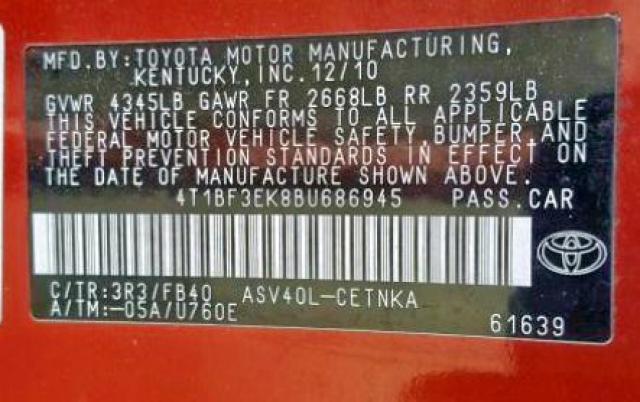 4T1BF3EK8BU686945 - 2011 TOYOTA CAMRY BASE RED photo 10