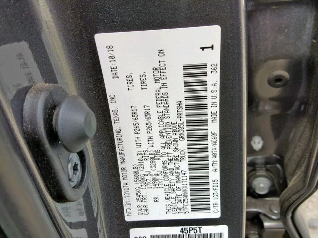 5TFCZ5ANXKX171147 - 2019 TOYOTA TACOMA DOU GRAY photo 10