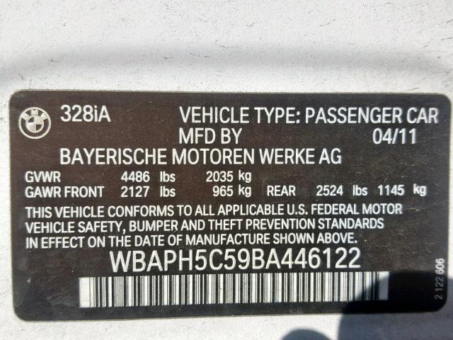 WBAPH5C59BA446122 - 2011 BMW 328 I SULE WHITE photo 10